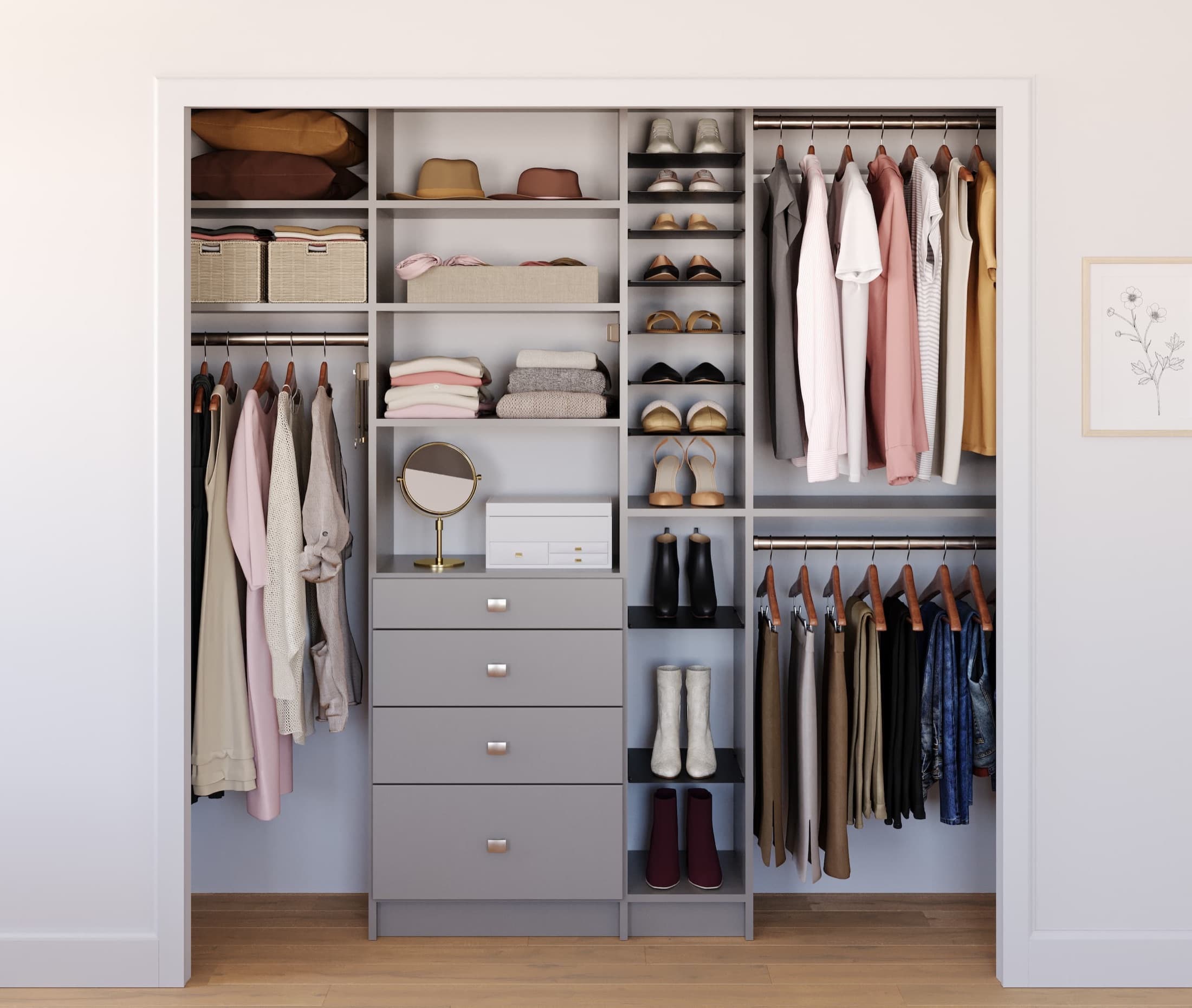 Elegant gray custom closet designed around a client's wardrobe